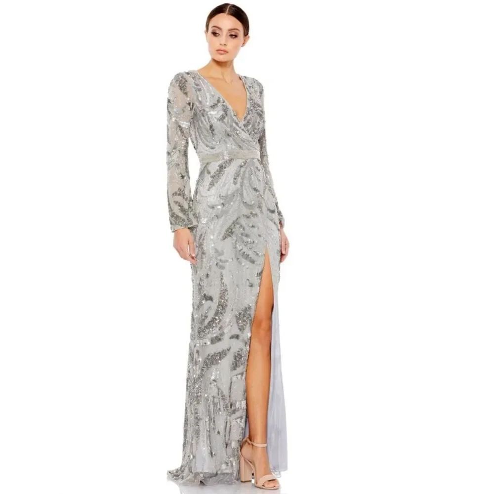 Mac Duggal 5222 NWT FAUX WRAP SPLIT LONG SLEEVE GOWN size 12 Platinum